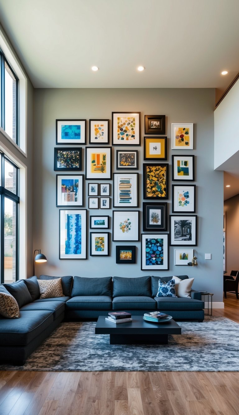 10 Dynamic Open-Concept Living Room Ideas for Spacious Flow Open living space with a striking gallery wall showcasing an eclectic mix of framed artwork.