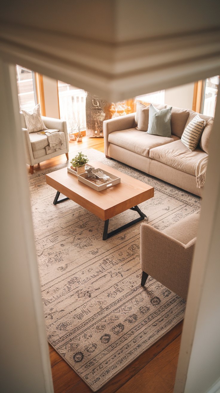 Cosy small living room with a large area rug anchoring the seating arrangement.