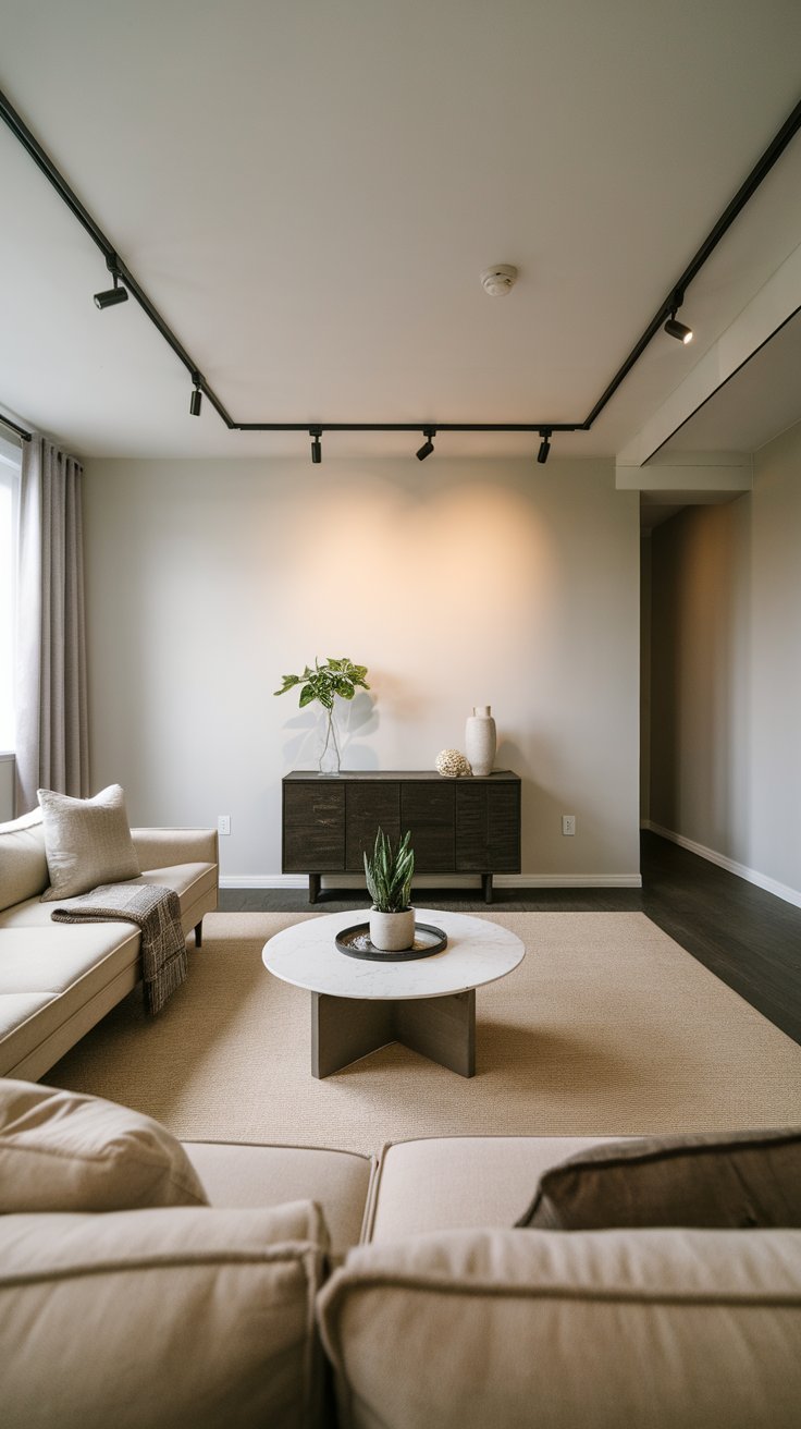 31 Sleek Minimalist Living Room Ideas for Modern Simplicity: Embrace Elegance and Functionality A minimalist living room with adjustable track lighting illuminating key areas.