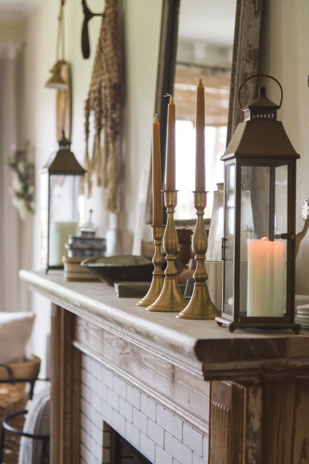Set of antique brass candle holders with glowing taper candles on a rustic table.