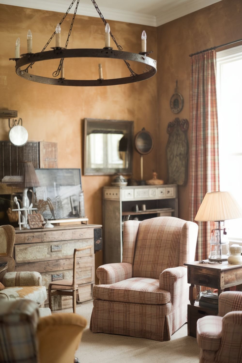 Elegant antique iron chandelier with intricate detailing, casting a soft, rustic glow.