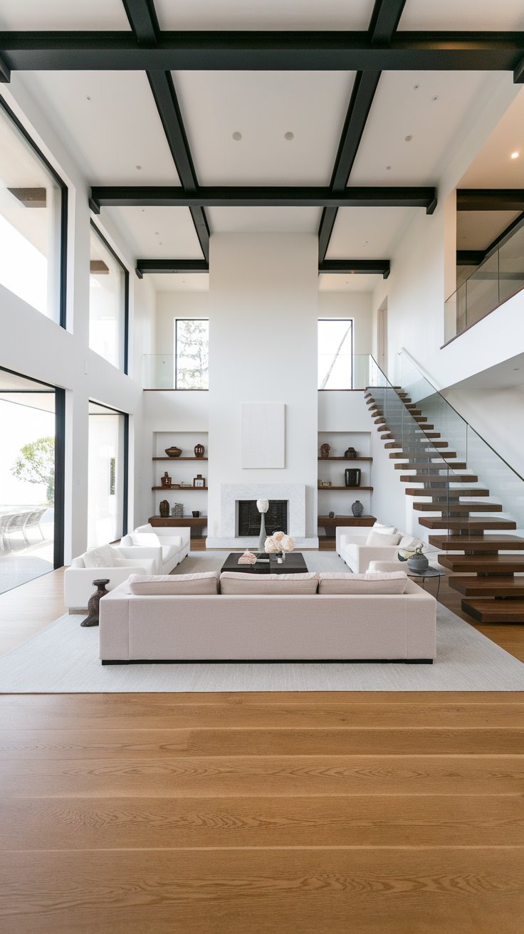 31 Sleek Minimalist Living Room Ideas for Modern Simplicity: Embrace Elegance and Functionality Architectural details like large windows and high ceilings highlighted in a modern home.