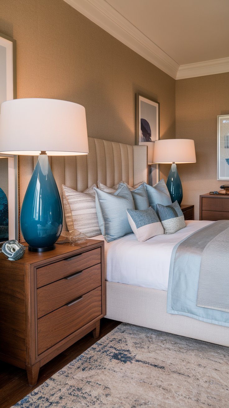 12 Blue Bedroom Aesthetic Inspirations for a Serene Atmosphere A pair of azure blue table lamps on white nightstands, providing soft and stylish bedside lighting.