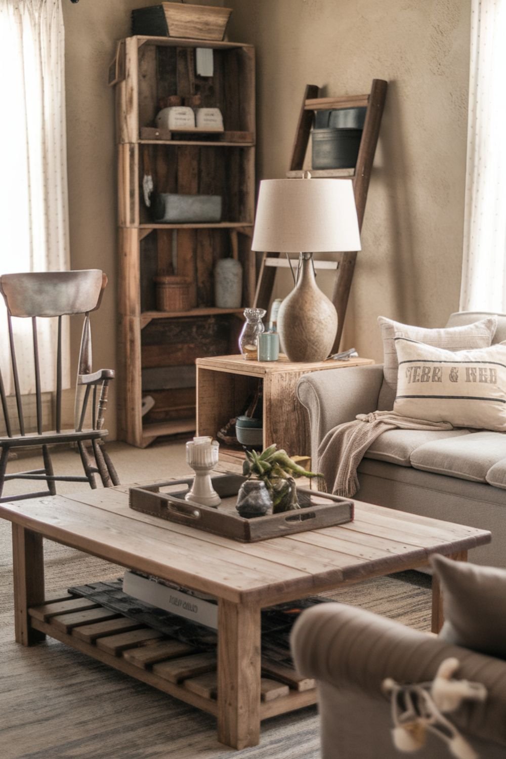Rustic reclaimed barnwood coffee table with a weathered finish, decorated with vintage books and candles.
