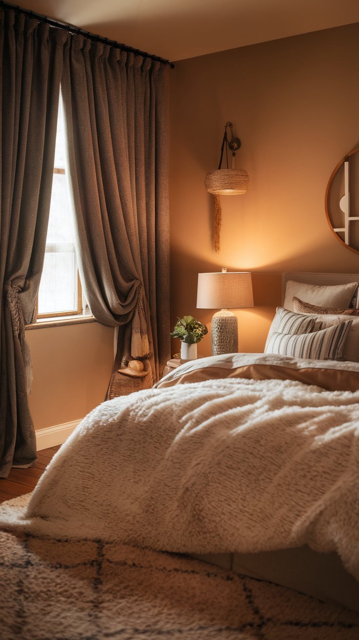 Bedroom with blackout curtains creating a dark, peaceful sleep environment.