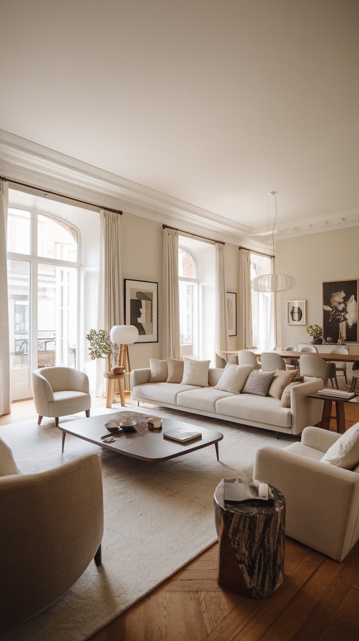 31 Sleek Minimalist Living Room Ideas for Modern Simplicity: Embrace Elegance and Functionality Modern and traditional elements combined in a sophisticated minimalist room.