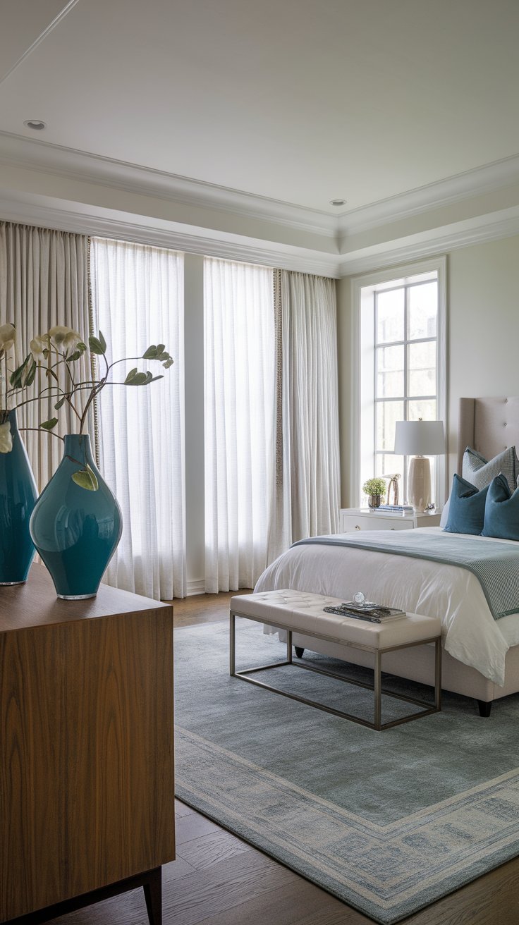 12 Blue Bedroom Aesthetic Inspirations for a Serene Atmosphere A set of stylish cerulean blue vases on a wooden nightstand, paired with white flowers for a calming touch.