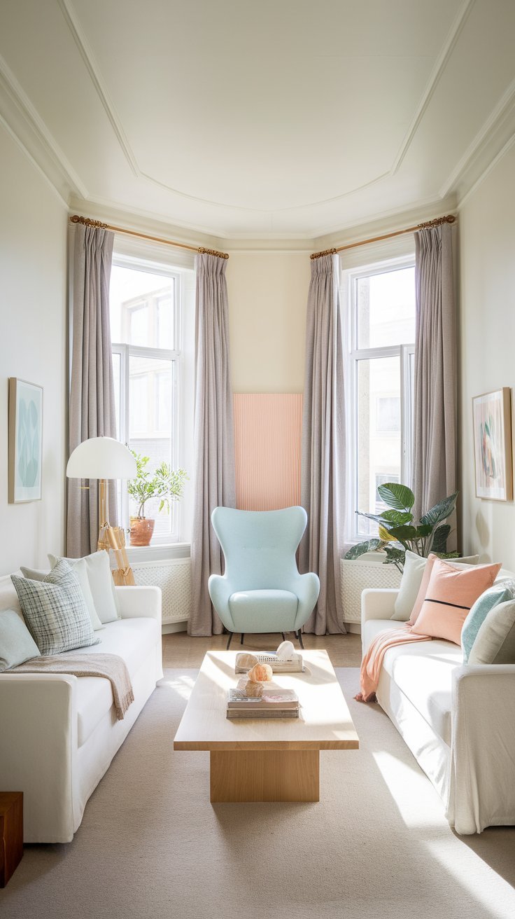 Bright and airy small living room with white walls, neutral furniture, and natural light.