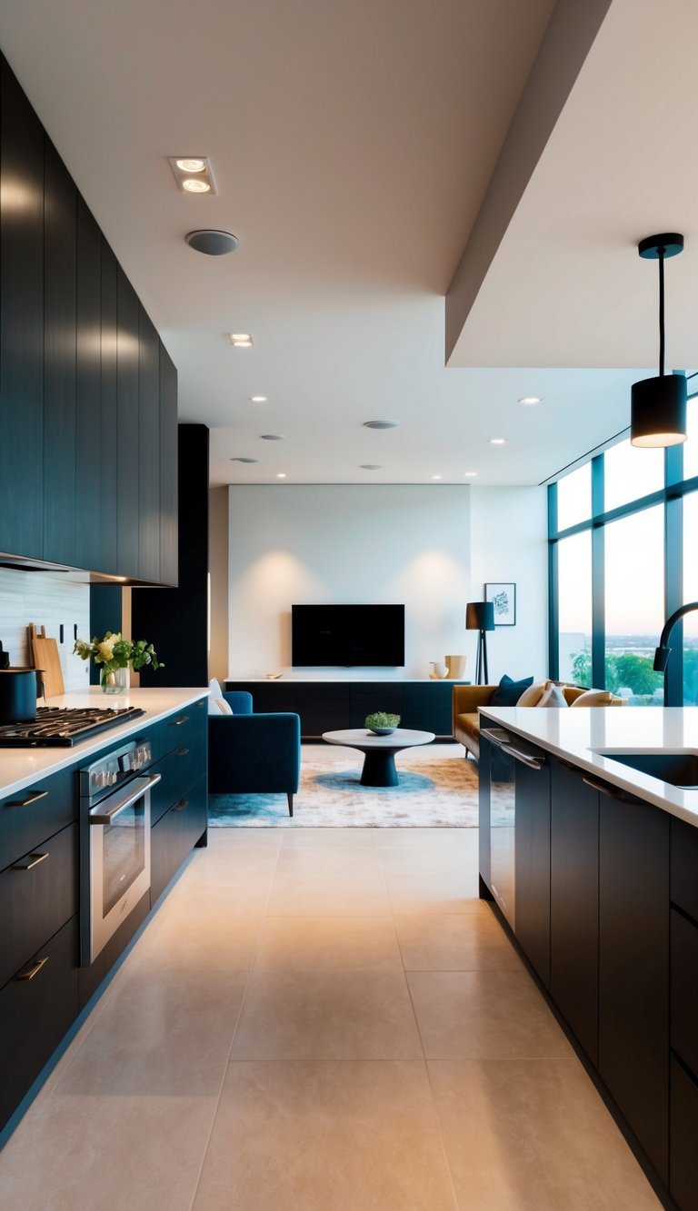 10 Dynamic Open-Concept Living Room Ideas for Spacious Flow Sleek, modern kitchen with stainless steel appliances and pendant lighting blending with the living area.