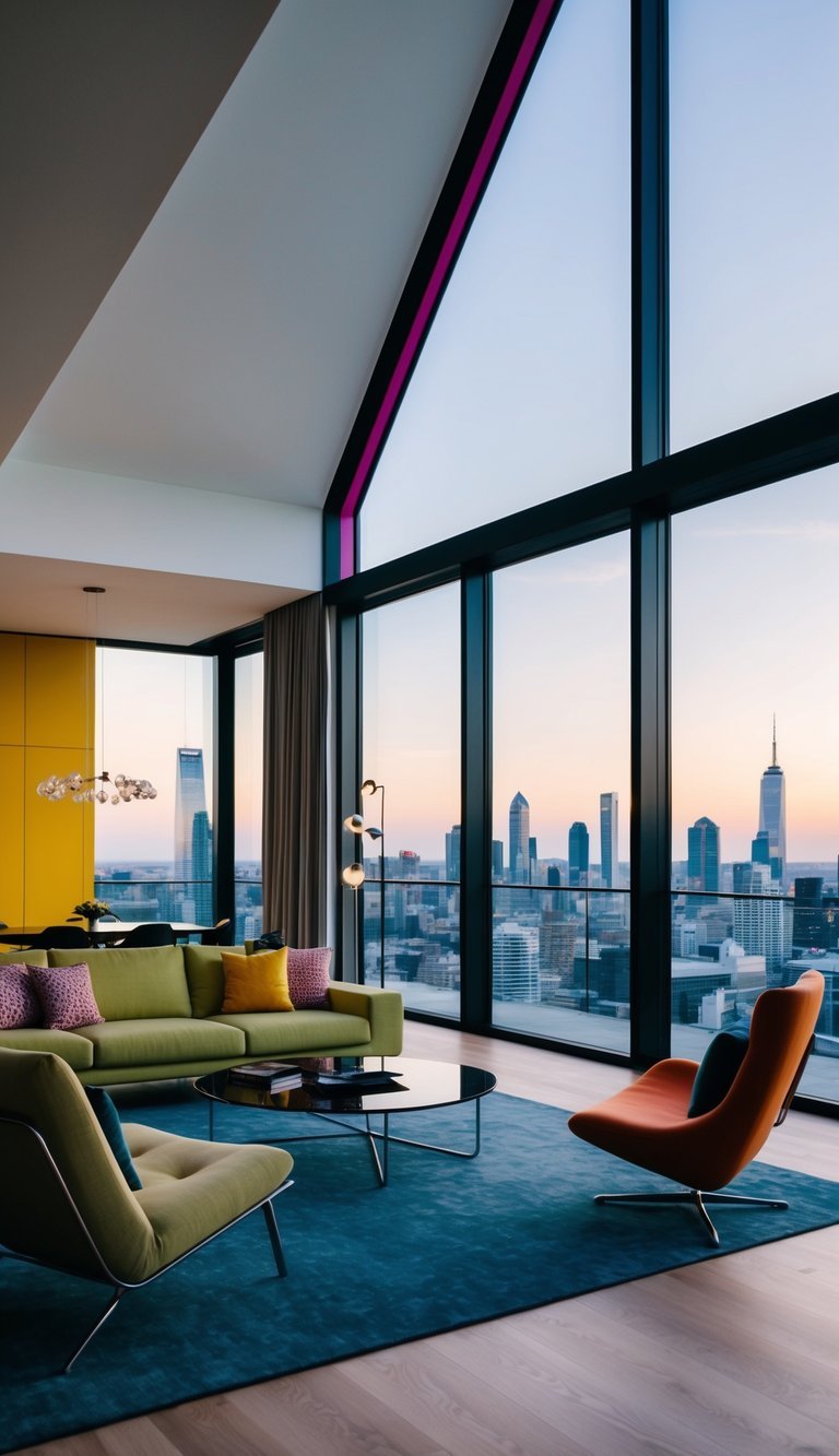 A sleek, open-plan contemporary living room with minimalist furniture, bold accent colours, and a city skyline view.