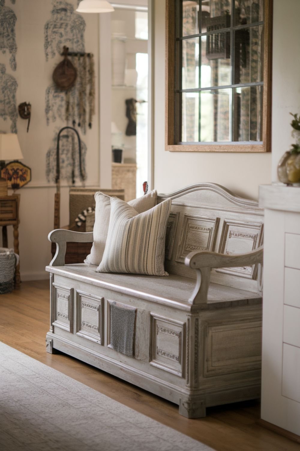 Distressed wooden entry bench styled with a cozy throw blanket and storage baskets.