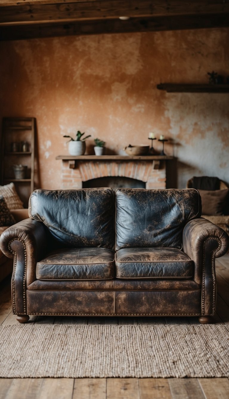 A rich brown distressed leather sofa with cozy cushions and a rustic backdrop.