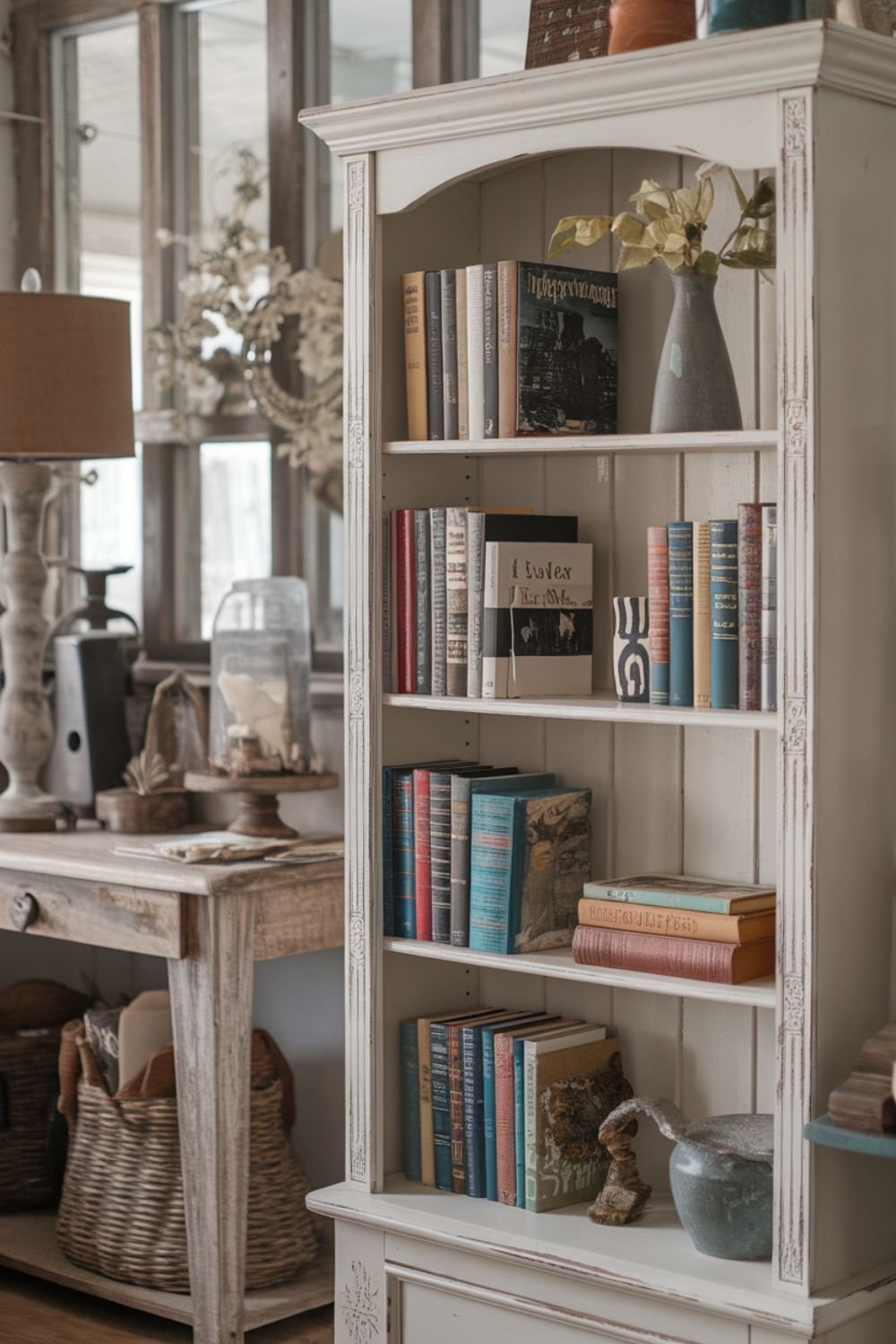White distressed bookshelf filled with books, decorative accents, and farmhouse decor.