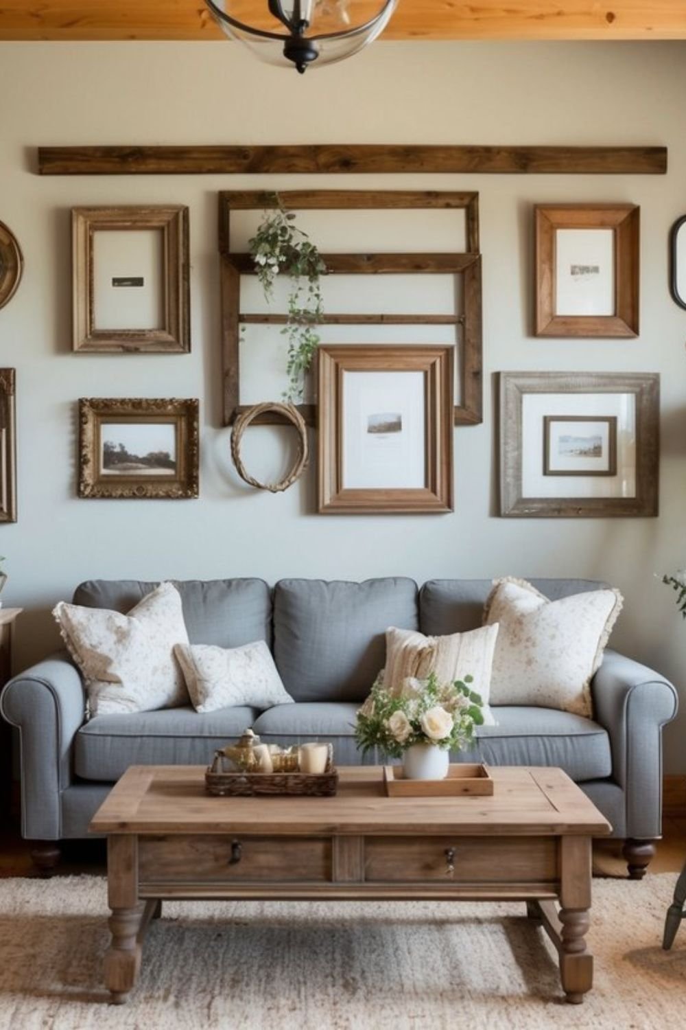 Assorted distressed wood picture frames displaying family photos on a farmhouse shelf.