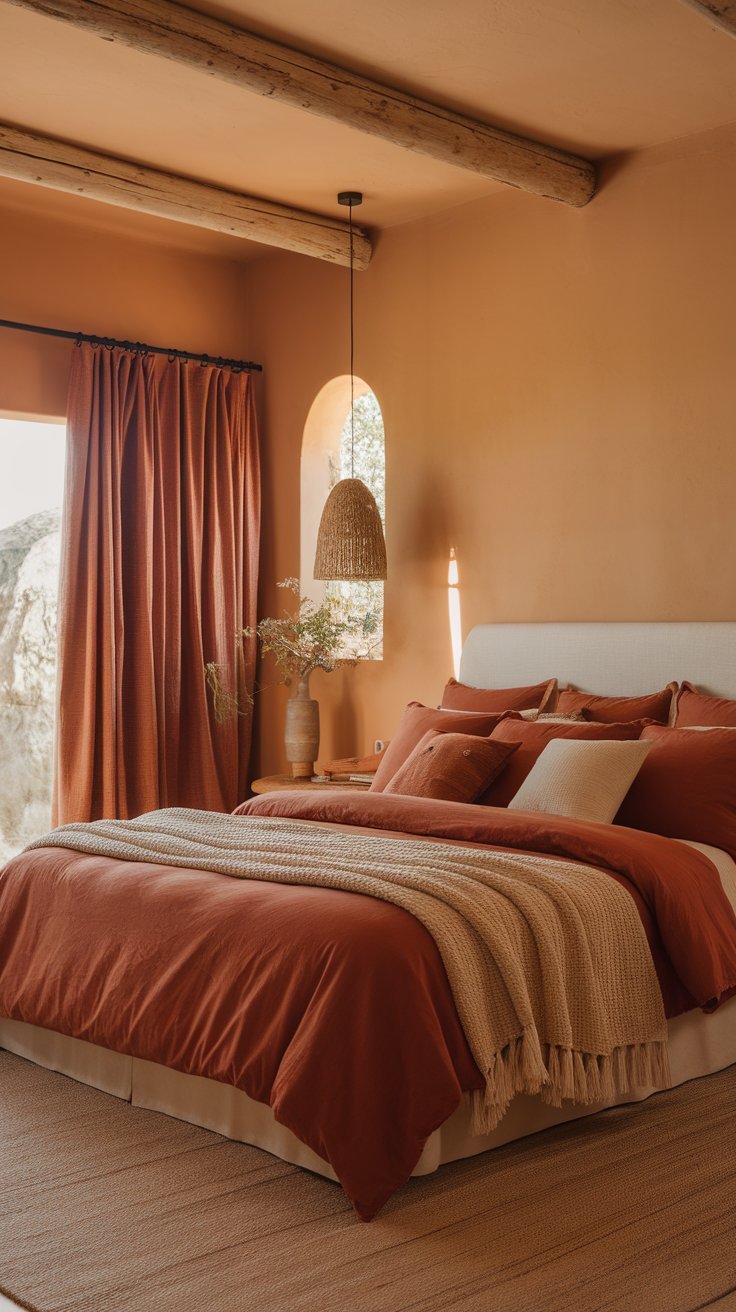 Terracotta-themed bedroom with earthy-toned bedding, wooden furniture, and natural décor.
