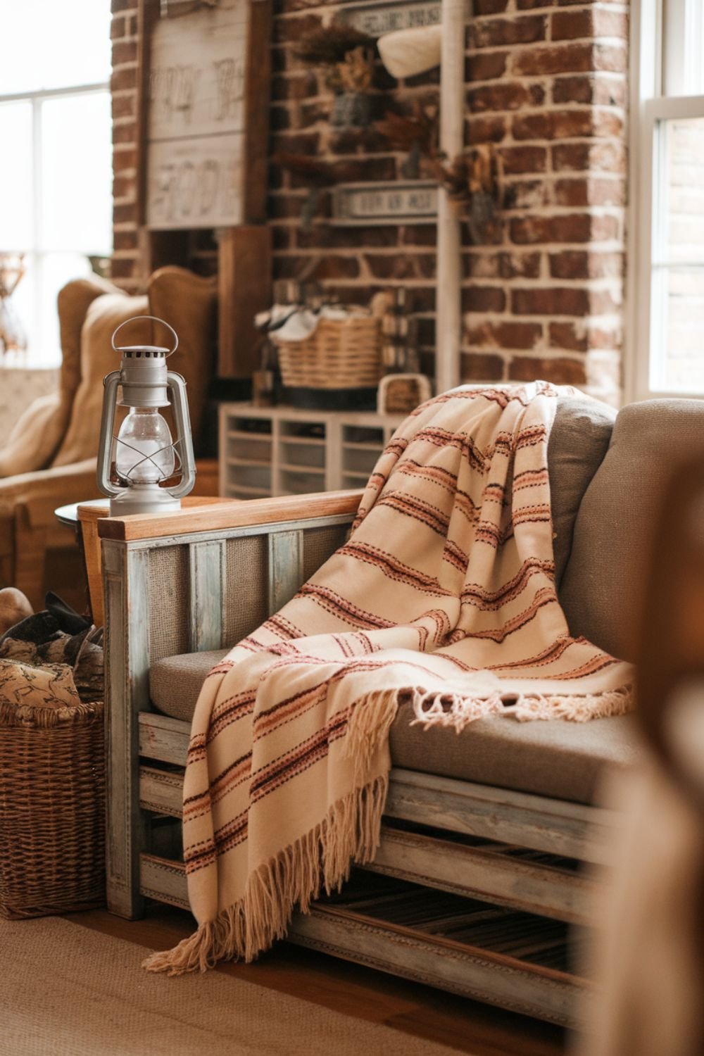 Soft embroidered farmhouse throw blanket draped over a rustic couch.