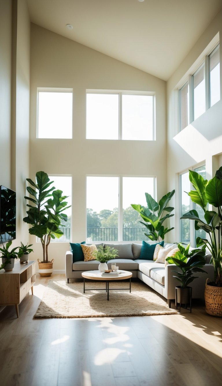 10 Dynamic Open-Concept Living Room Ideas for Spacious Flow A bright, airy living room with lush potted plants adding freshness and vibrancy.
