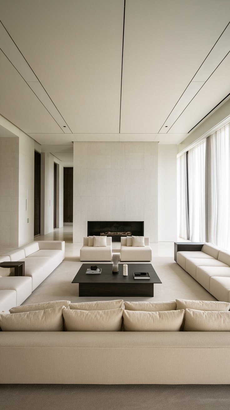31 Sleek Minimalist Living Room Ideas for Modern Simplicity: Embrace Elegance and Functionality Layered textures such as a wool rug and linen curtains in a minimalist design.