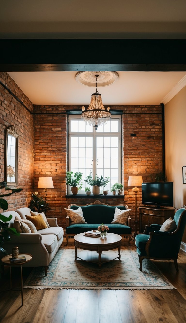 A rustic living room featuring an exposed brick wall with wooden beams and a cozy ambiance.