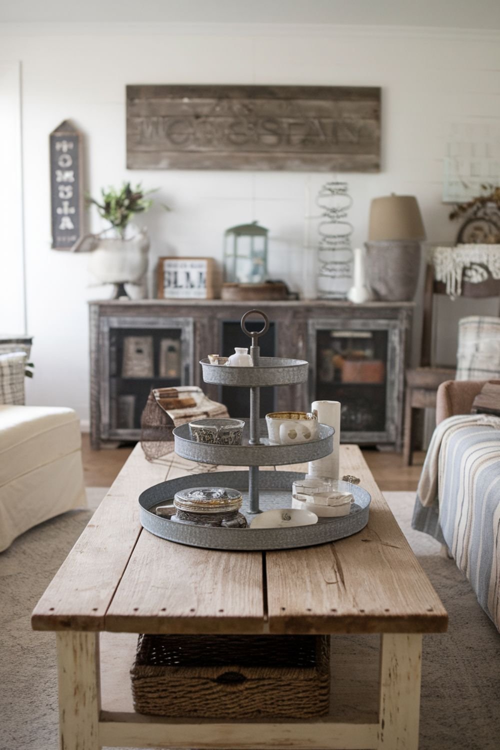 Galvanized metal tiered tray styled with small plants, candles, and vintage decor.