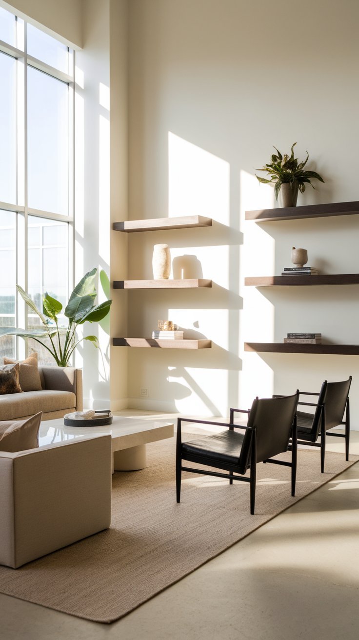 31 Sleek Minimalist Living Room Ideas for Modern Simplicity: Embrace Elegance and Functionality A minimalist living room with floating wall shelves showcasing simple decor pieces.
