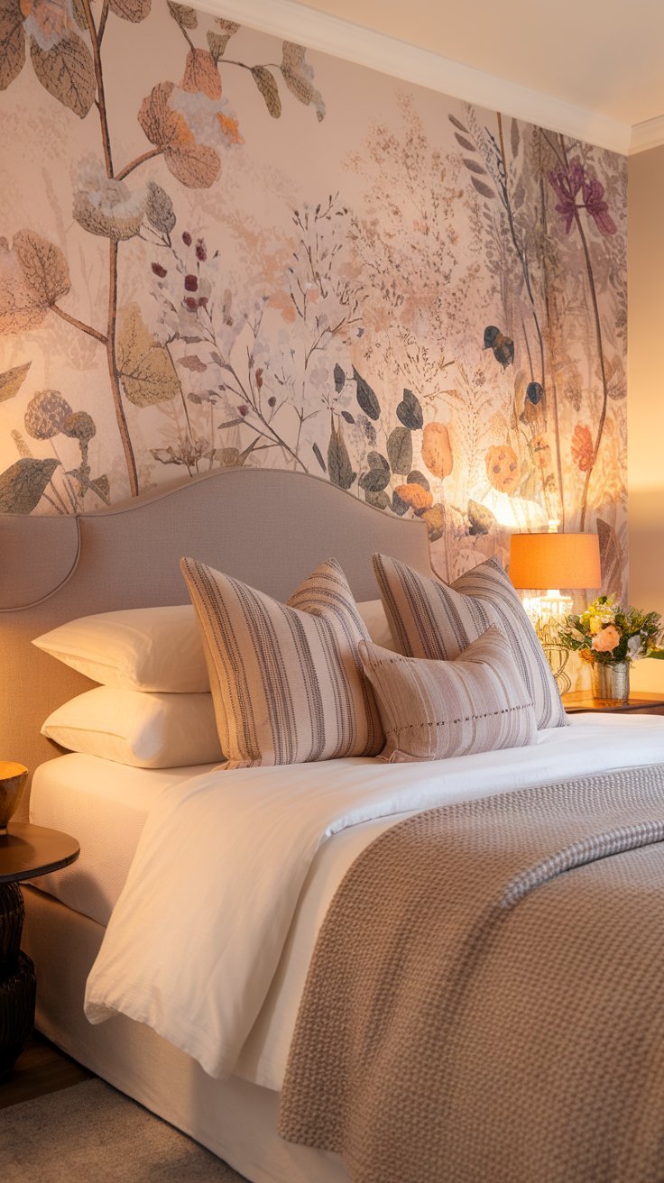 Bedroom with floral wallpaper accent wall, elegant bedding, and soft lighting for a cozy feel.
