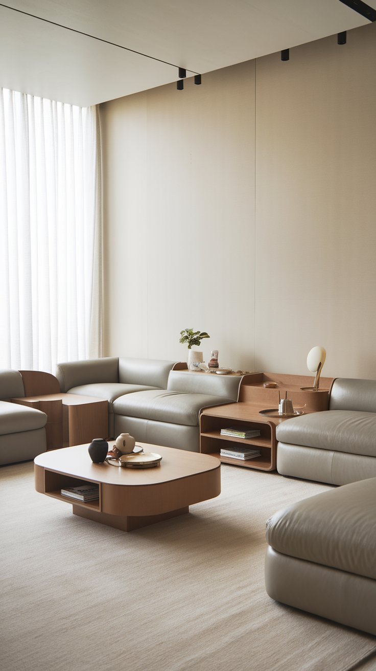 31 Sleek Minimalist Living Room Ideas for Modern Simplicity: Embrace Elegance and Functionality A functional coffee table with hidden storage in a minimalist living room.