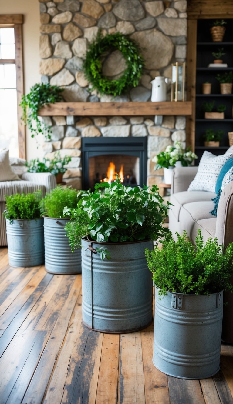 A collection of galvanized metal planters holding greenery, adding farmhouse charm to a rustic space.