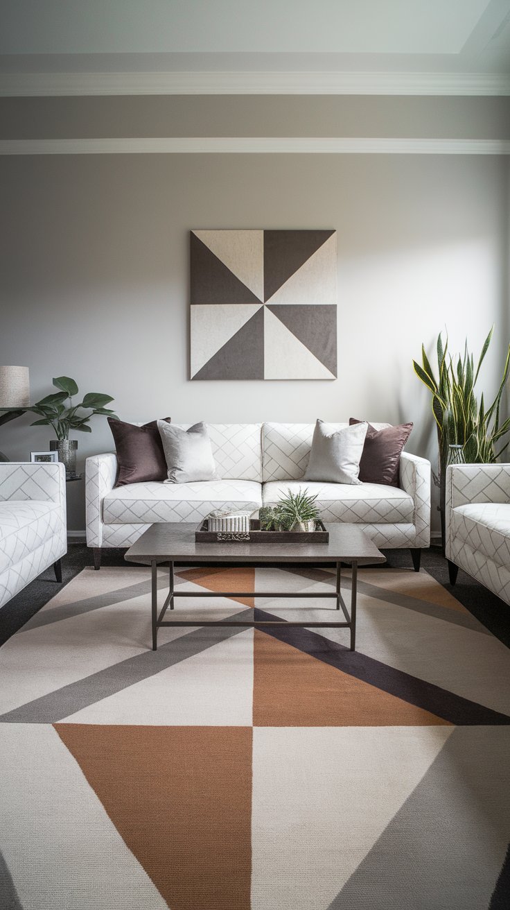 31 Sleek Minimalist Living Room Ideas for Modern Simplicity: Embrace Elegance and Functionality Minimalist interior with geometric-patterned rug and subtle decor.