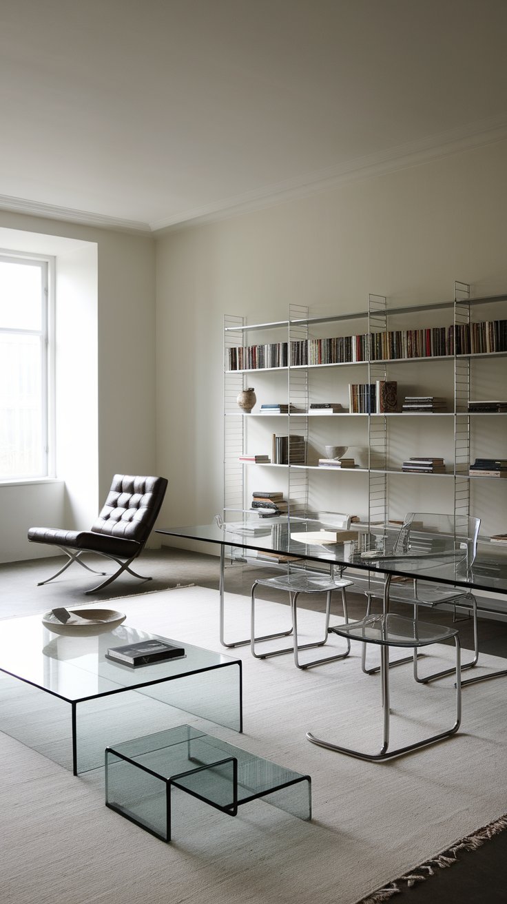 31 Sleek Minimalist Living Room Ideas for Modern Simplicity: Embrace Elegance and Functionality A contemporary living room with glass and metal decor elements for a sleek look.