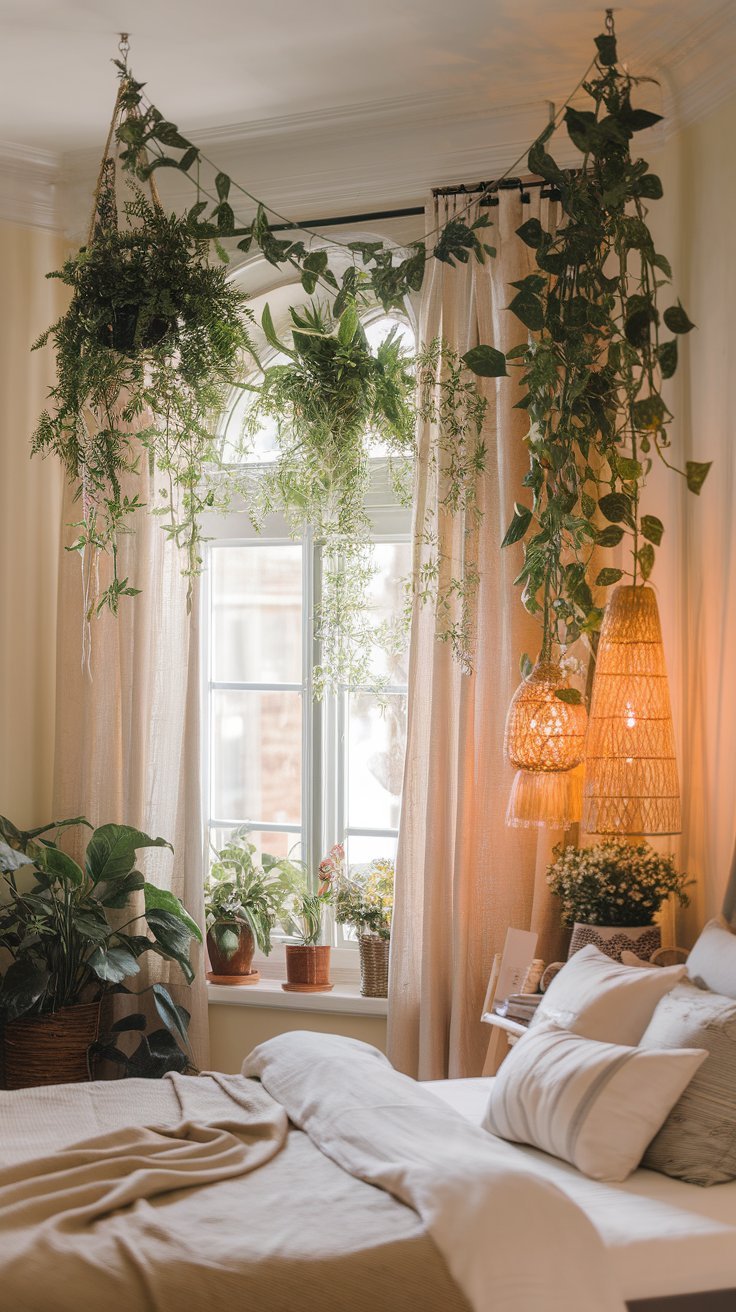 Bedroom with hanging plants, macramé planters, and natural greenery adding a fresh touch.