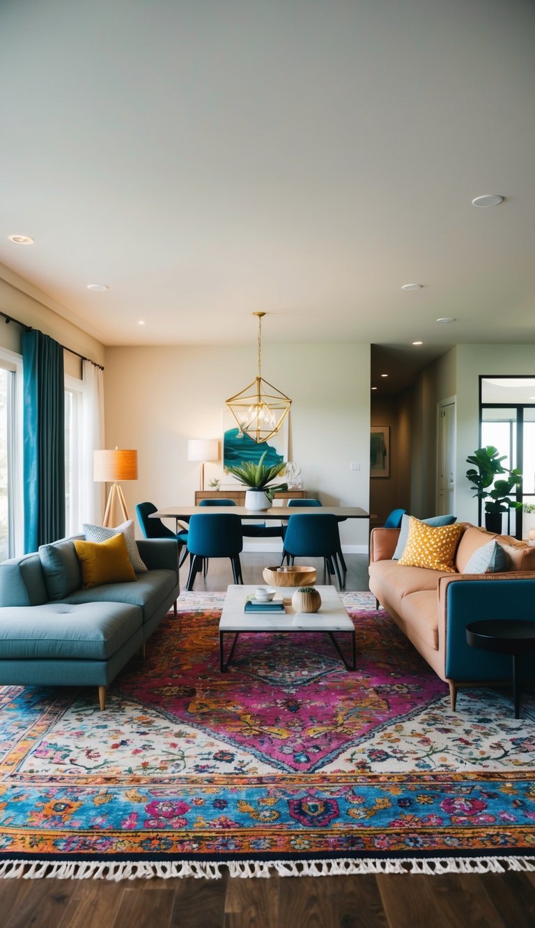 10 Dynamic Open-Concept Living Room Ideas for Spacious Flow Large area rug anchoring a living room seating arrangement in a modern open-plan home.