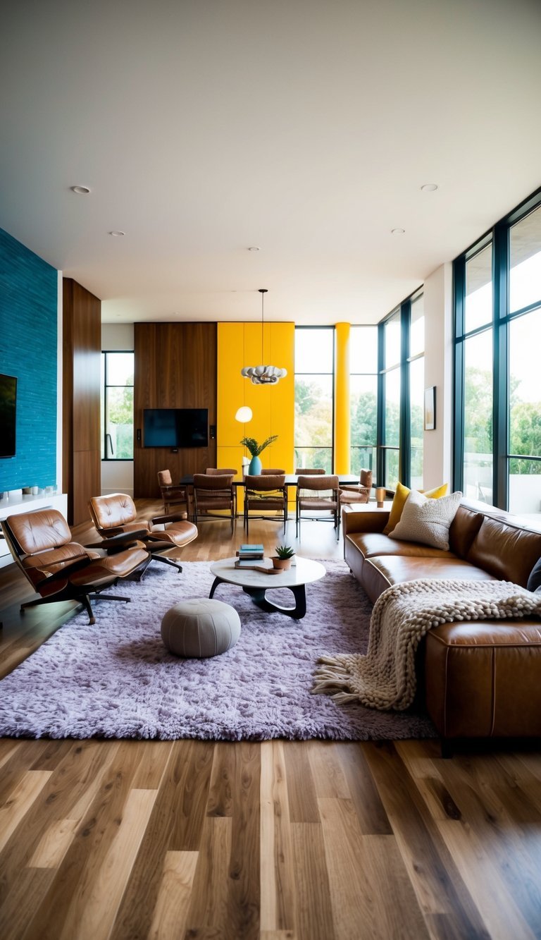 10 Dynamic Open-Concept Living Room Ideas for Spacious Flow A stylish living room with layered textures, including a woven rug, plush pillows, and wood accents.