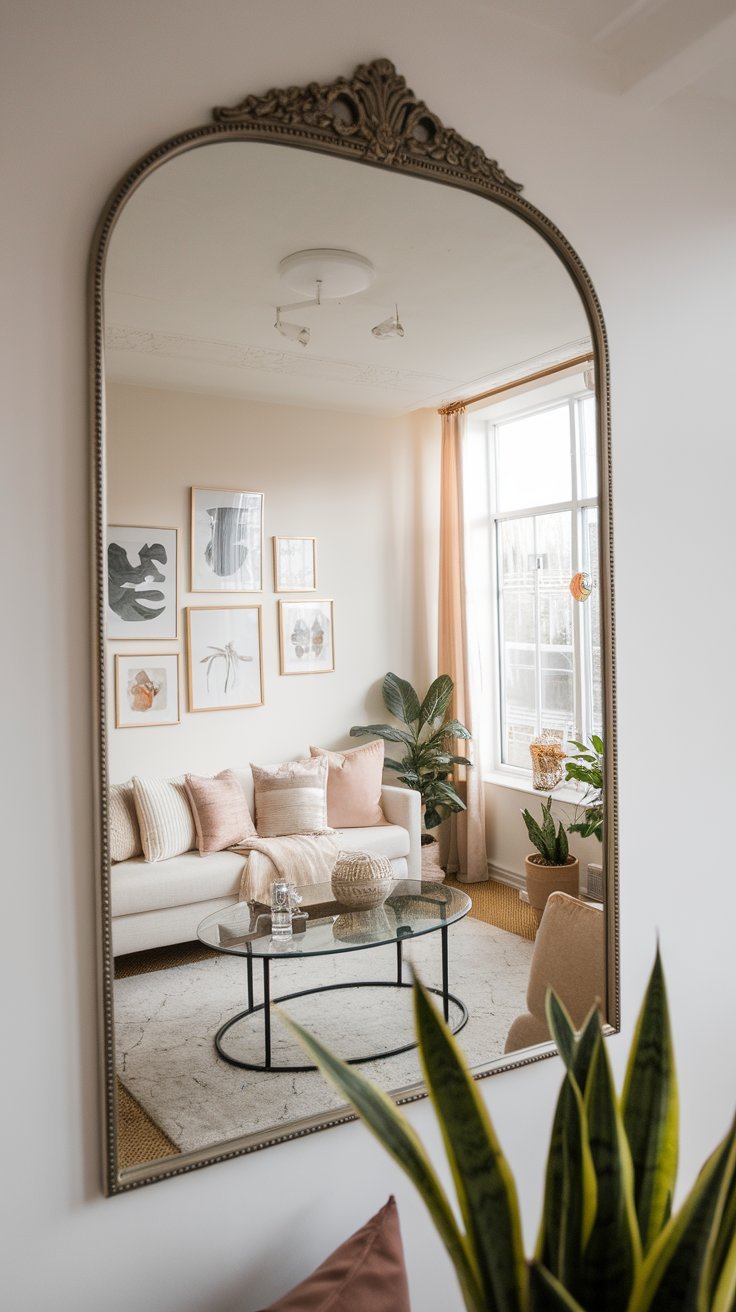 Large mirror placed opposite a window, enhancing light and creating a spacious feel.