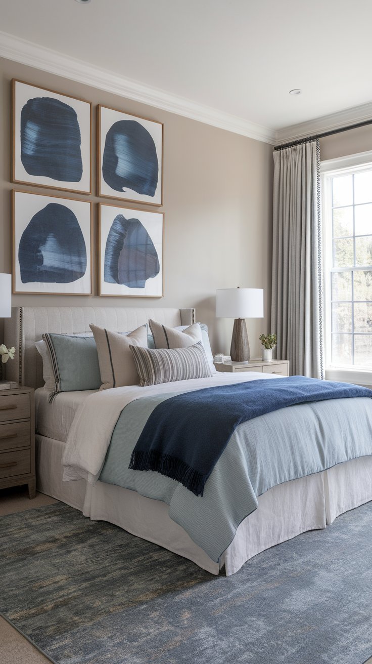 12 Blue Bedroom Aesthetic Inspirations for a Serene Atmosphere A bedroom with elegant indigo blue wall art hanging above a bed, adding depth and sophistication.