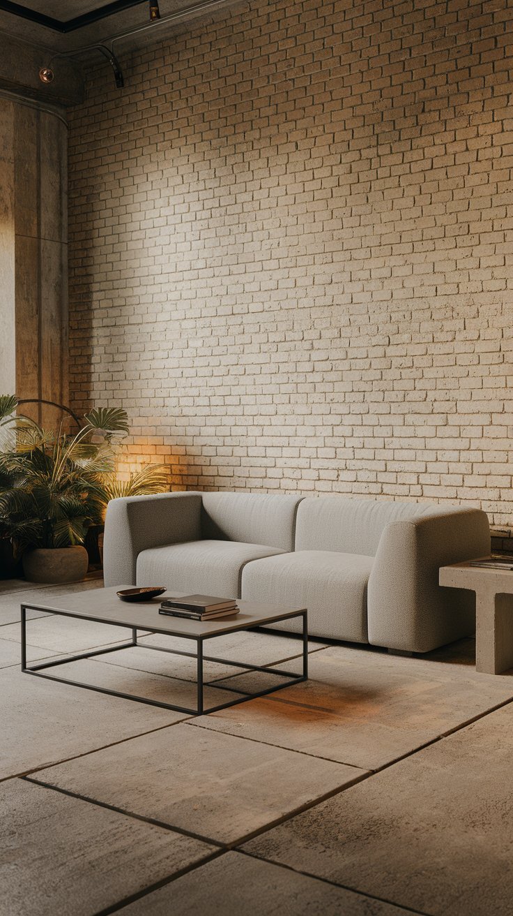 31 Sleek Minimalist Living Room Ideas for Modern Simplicity: Embrace Elegance and Functionality An industrial-style living room featuring exposed brick and metal accents.