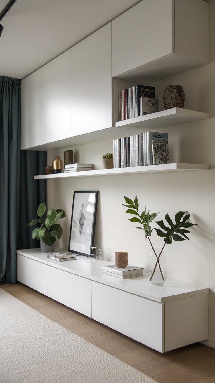 Modern floating cabinets providing sleek storage while keeping the floor space open.