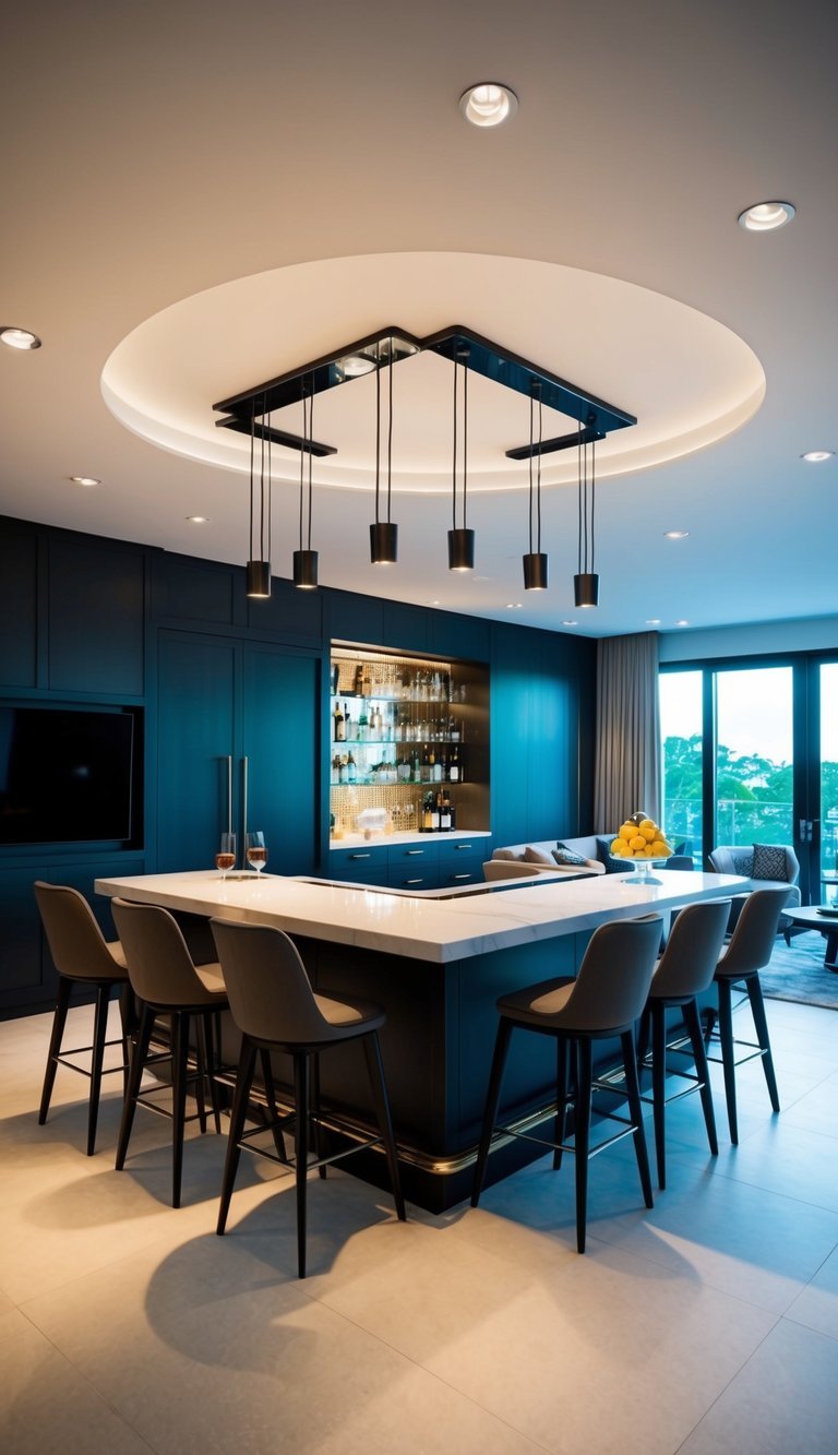 10 Dynamic Open-Concept Living Room Ideas for Spacious Flow Elegant home bar setup with sleek bar stools and built-in storage in an open-plan living space.