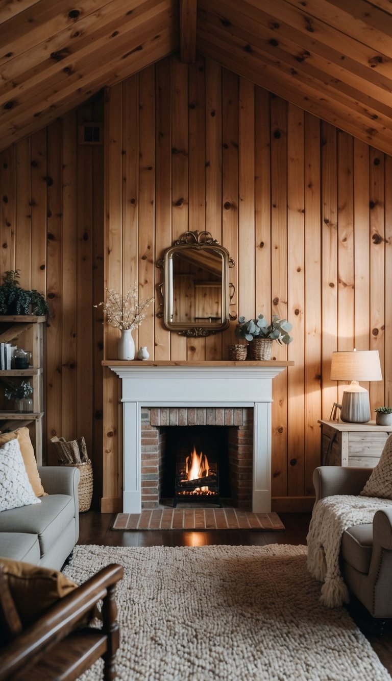 A living room with knotty pine paneling on the walls and ceiling, creating a warm cabin feel.
