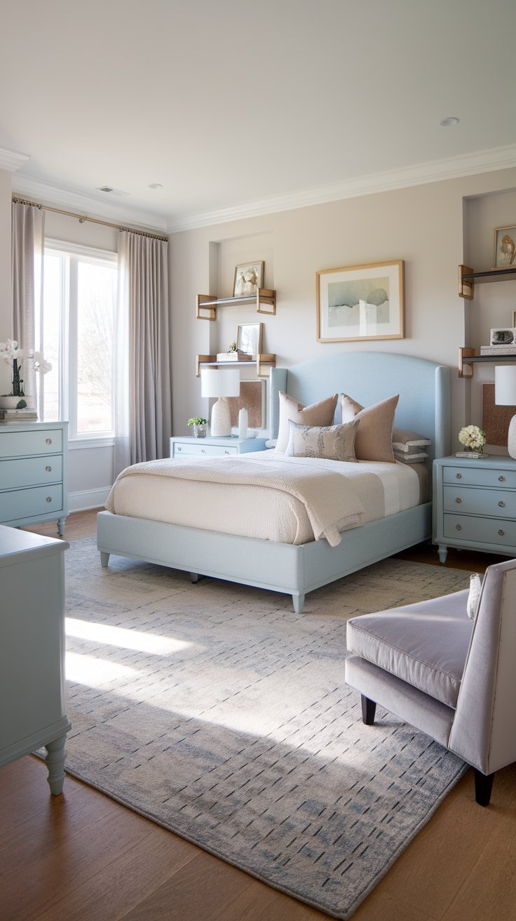 12 Blue Bedroom Aesthetic Inspirations for a Serene Atmosphere A bedroom with a light blue dresser and matching nightstand, blending seamlessly with soft, neutral walls.