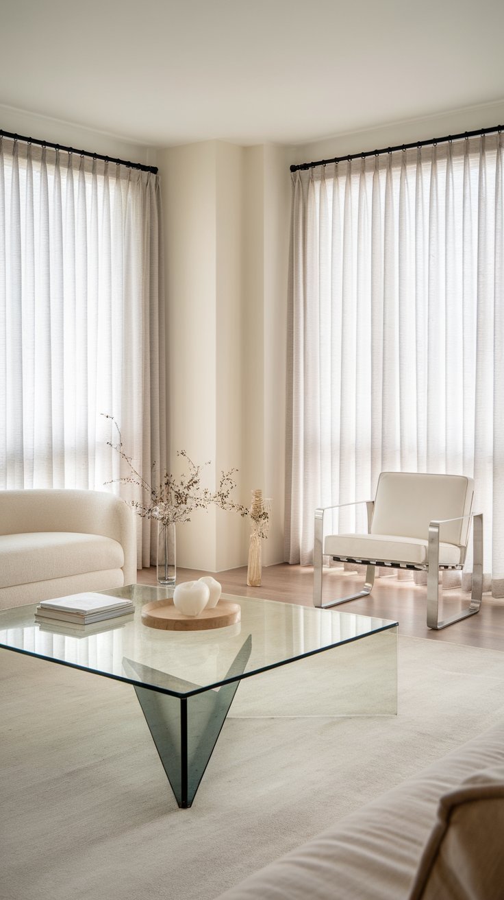 31 Sleek Minimalist Living Room Ideas for Modern Simplicity: Embrace Elegance and Functionality Airy living room featuring lightweight furniture and sheer curtains.