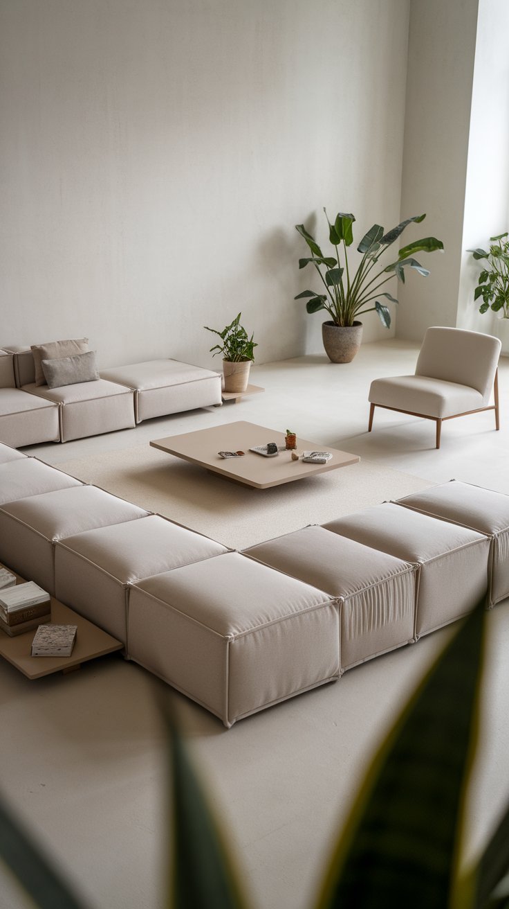 31 Sleek Minimalist Living Room Ideas for Modern Simplicity: Embrace Elegance and Functionality Low-profile sofa and chairs in a spacious minimalist setting.