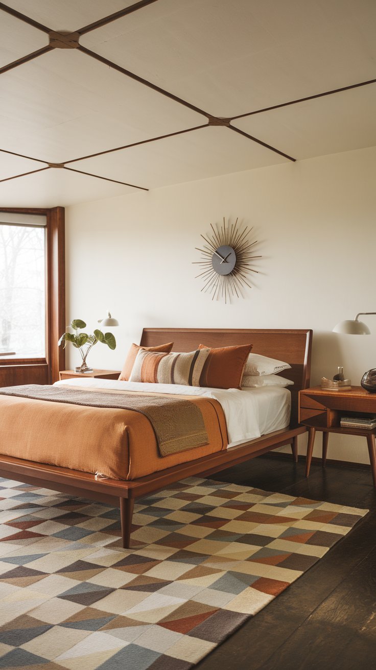 Mid-century modern bedroom with wooden furniture, tapered-leg bed, and geometric rug.