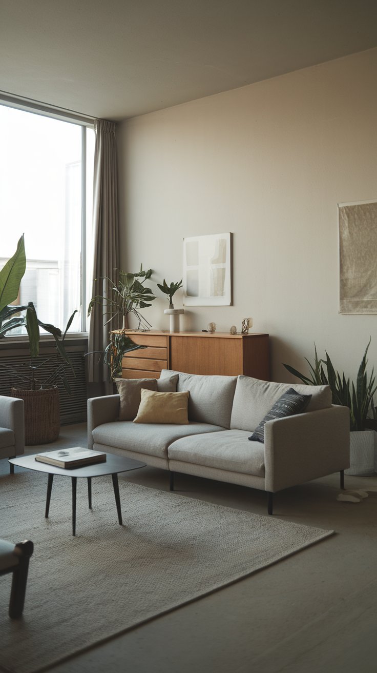 31 Sleek Minimalist Living Room Ideas for Modern Simplicity: Embrace Elegance and Functionality A serene minimalist living room with carefully placed indoor plants enhancing the decor without overwhelming the space.