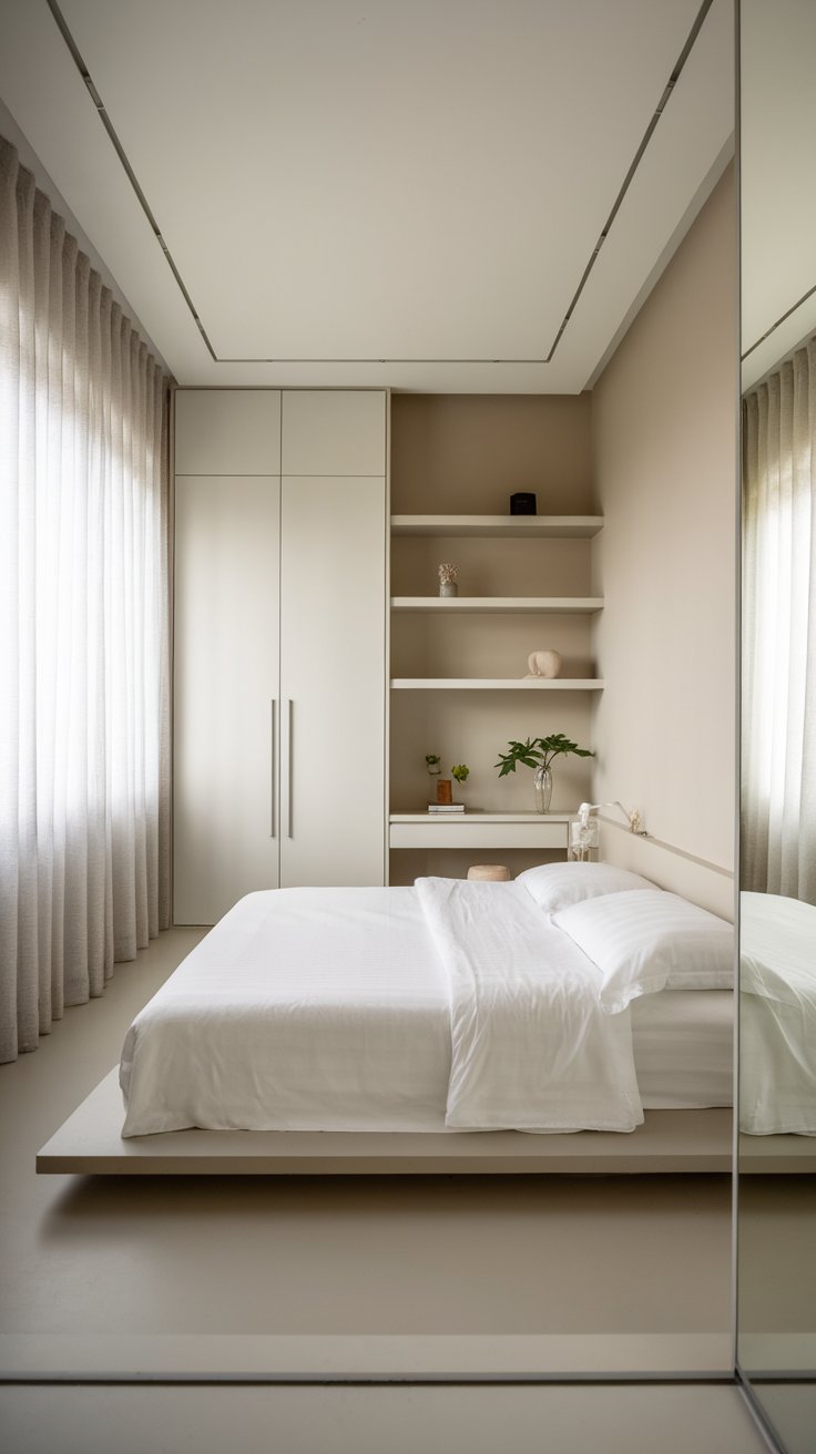 10 Stylish Bedroom Designs for Women with Limited Space Minimalist small bedroom with neutral decor, sleek furniture, and clutter-free surfaces.