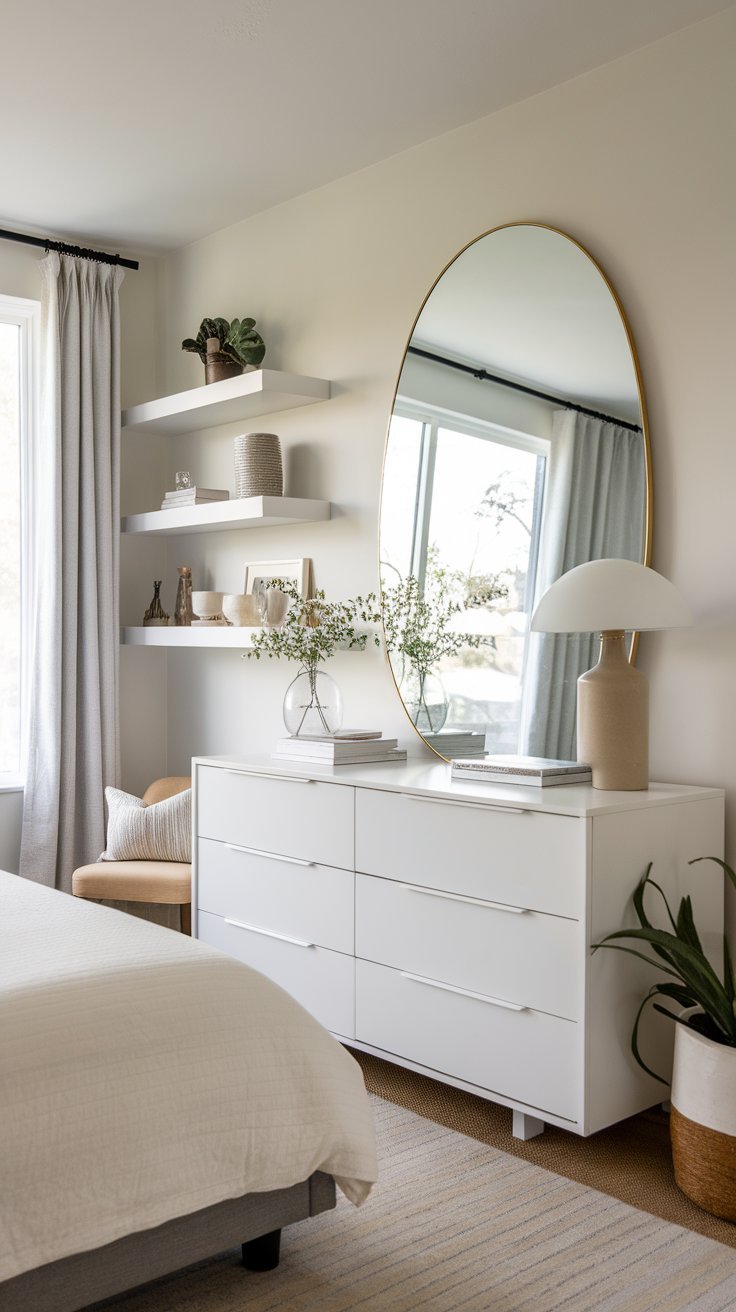 10 Stylish Bedroom Designs for Women with Limited Space Bedroom with a large wall-mounted mirror reflecting light to enhance space.