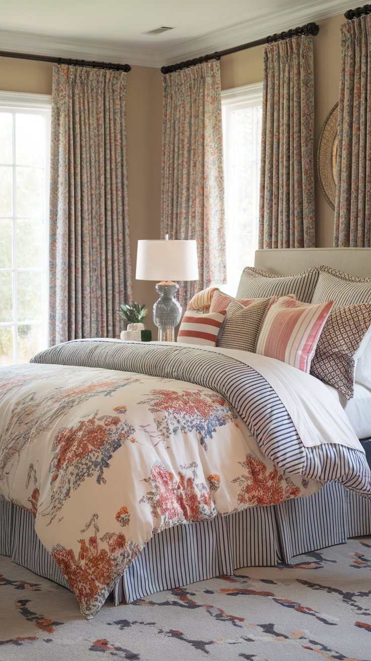 Stylish bedroom with layered patterned bedding, decorative pillows, and a cozy throw blanket.
