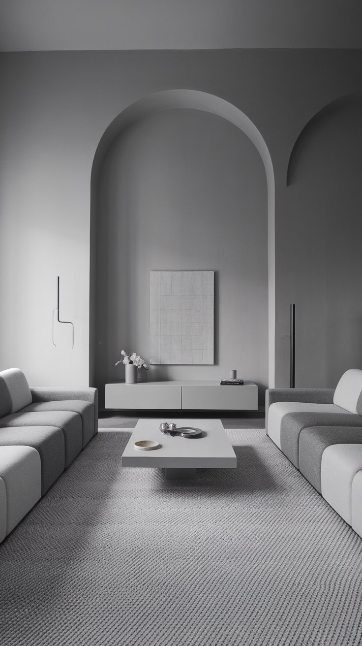 31 Sleek Minimalist Living Room Ideas for Modern Simplicity: Embrace Elegance and Functionality A monochromatic living room with various shades of gray for a cohesive design.