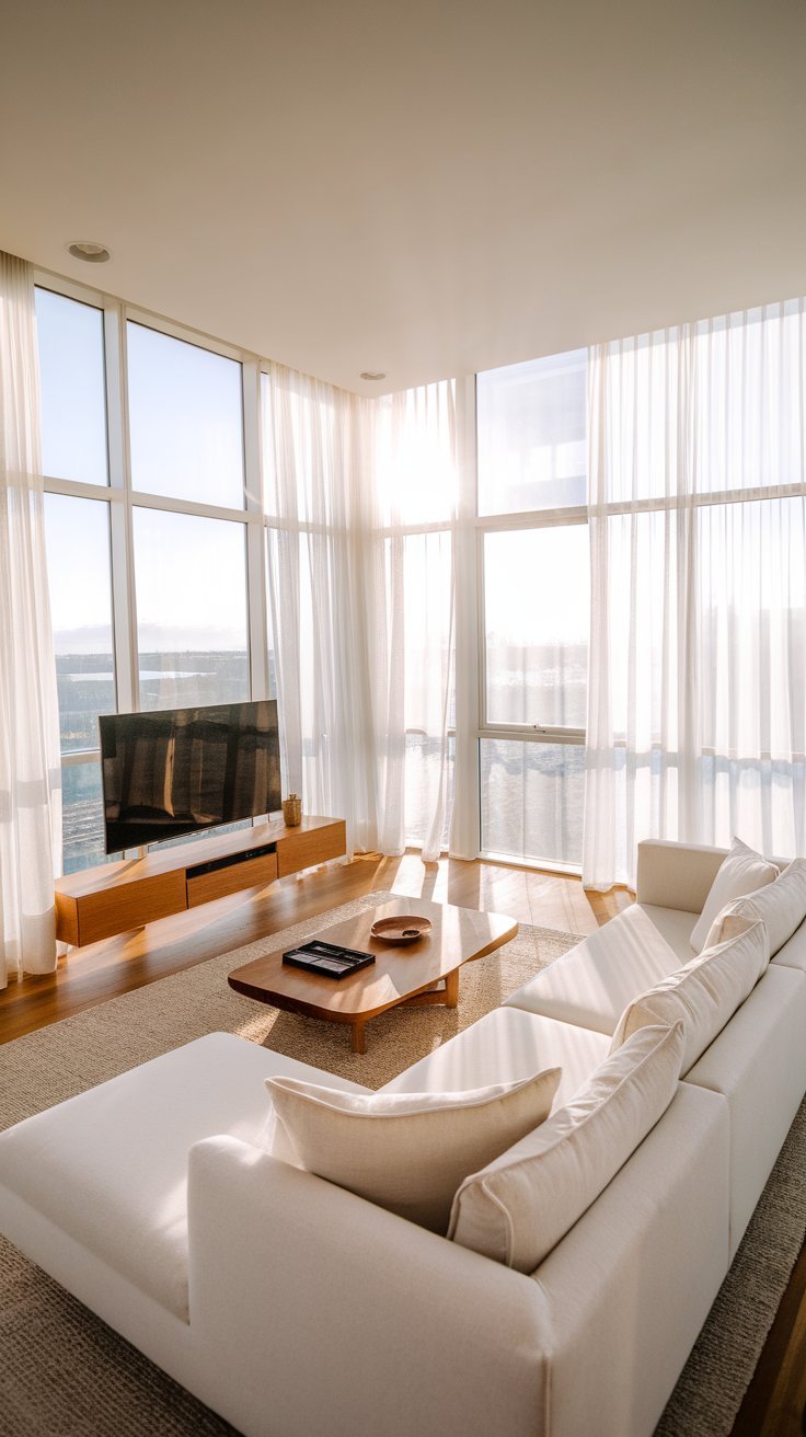 31 Sleek Minimalist Living Room Ideas for Modern Simplicity: Embrace Elegance and Functionality A bright and airy living room with large windows maximizing natural light.