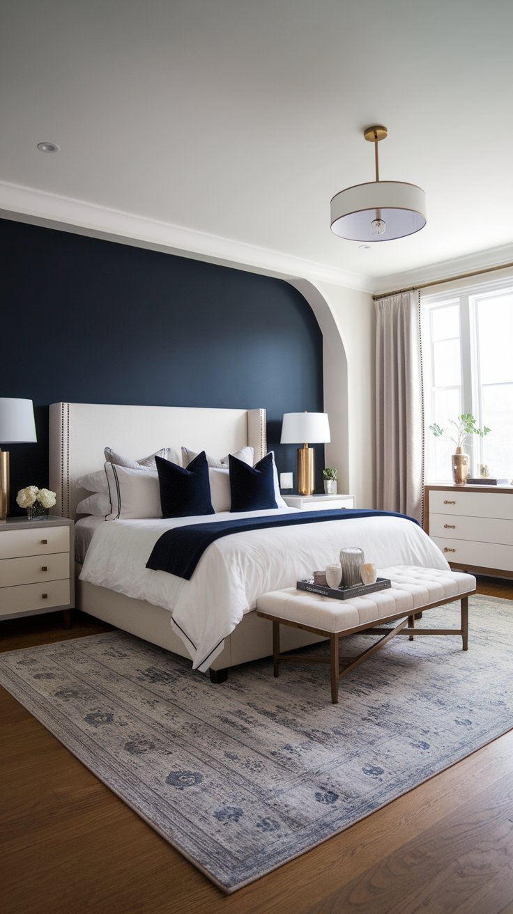 12 Blue Bedroom Aesthetic Inspirations for a Serene Atmosphere A modern bedroom featuring a bold navy blue accent wall behind the bed with contrasting neutral decor.